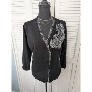 RED Brand Sweater Women's 2X Black V Neck Cardigan 3D Flowers Leopard Chiffon